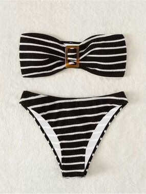 SHEIN Black & White Striped Bandeau Bikini with Buckle